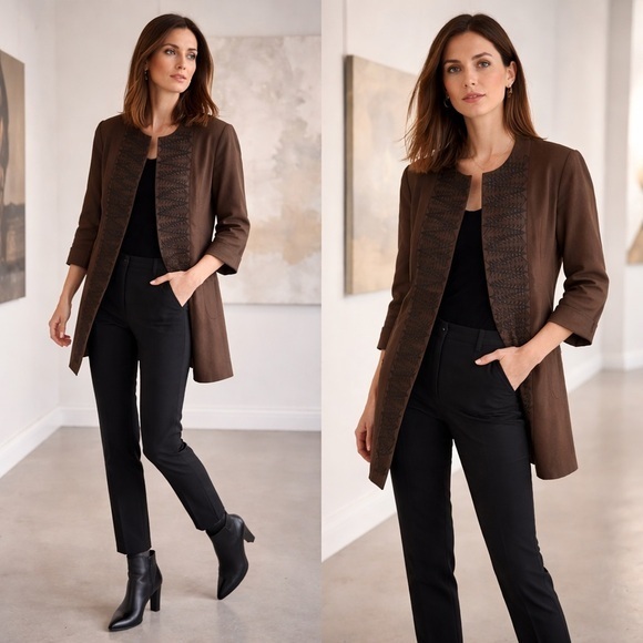 Linda Allard Ellen Tracy Jackets & Blazers - Linda Allard Ellen Tracy Embroidered Long Open Front Jacket w/ Pockets Size 10